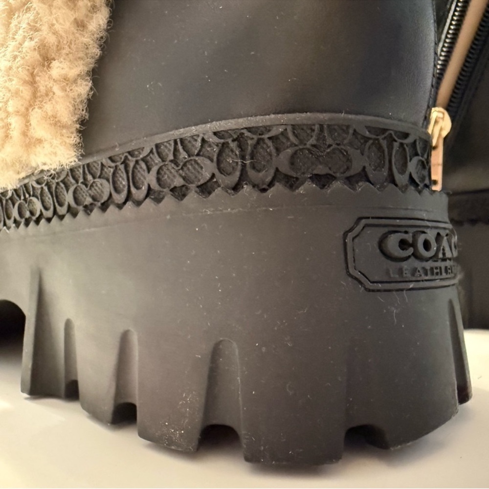 Coach Black Leather Lace-Up Platform Boots with Cream Shearling Trim - Picture 5 of 11